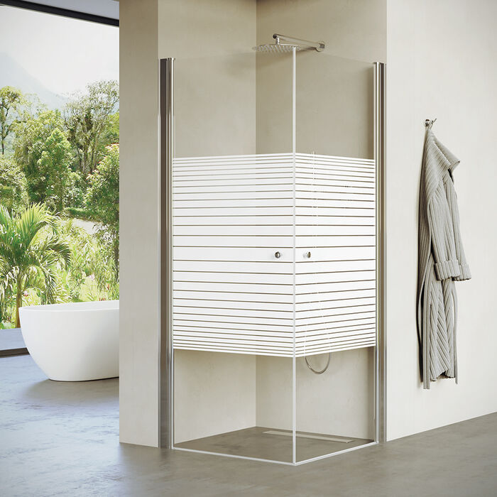 מקלחון פינתי שתי כנפיים ,פרופיל כרום ,זכוכית פסים חלבי מידה 66-92 סיימ