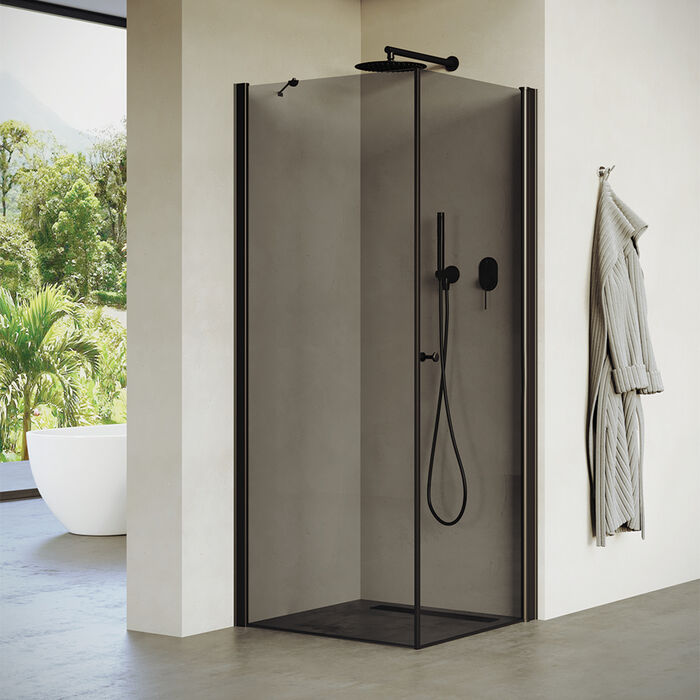 מקלחון פינתי אסימטרי פרופיל שחור זכוכית אפורה מידה 66-97 סיימ