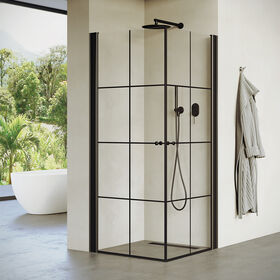 מקלחון פינתי שתי כנפיים ,פרופיל שחור,זכוכית פסים מידה 66-92 סיימ