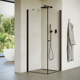 מקלחון פינתי אסימטרי פרופיל שחור זכוכית שקופה מידה 66-97 סיימ