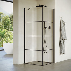 מקלחון פינתי אסימטרי פרופיל שחור זכוכית פסים מידה 66-97 סיימ